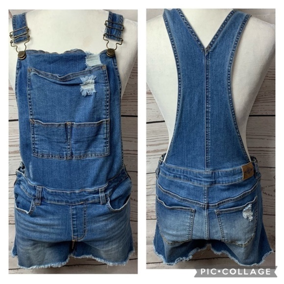 Wild Blue Denim Distressed Overall Bib Shorts - Picture 3 of 9